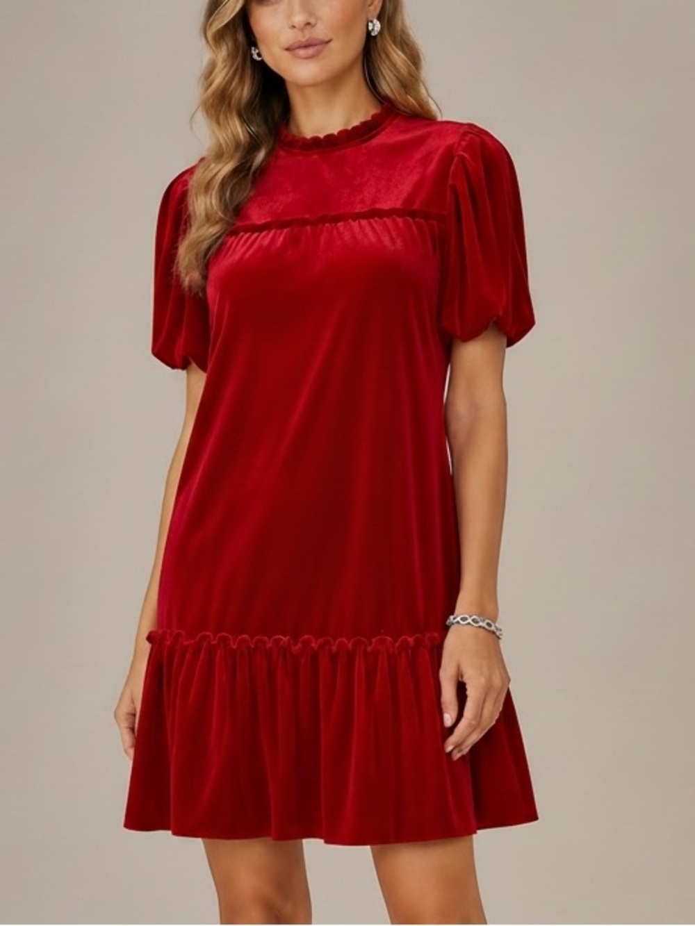 NWT CeCe Short Sleeve Ruffle Hem Keyhole Back Red Velvet Mini Dress Size Small